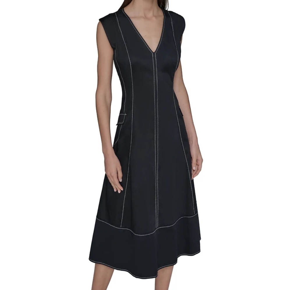 Karl Lagerfeld Paris Women's Stitch-Trimmed Midi Dress Black Topstitch V-Neck